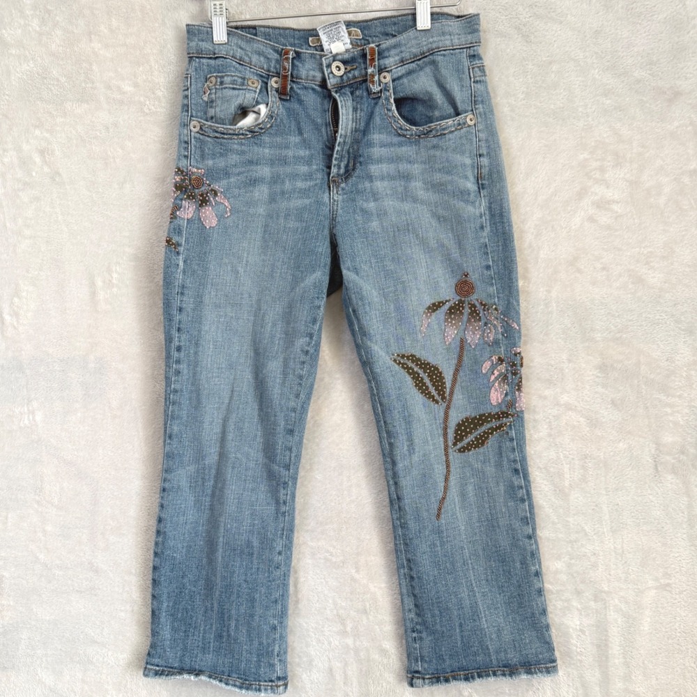 Y2K Cavaricci Womens Size 8 Embroidered Beaded Floral Capri Jeans 2000s